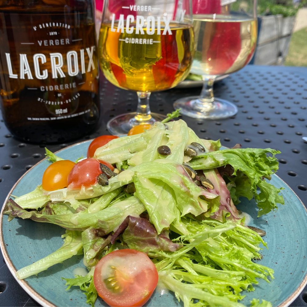 Cidrerie Lacroix - a plate of salad and a glass of beer - Cideries Near Me - Saint-Joseph-du-Lac, Quebec Cidrerie Lacroix - a plate of salad and a glass of beer - Cideries Near Me - Saint-Joseph-du-Lac, Quebec