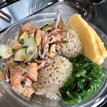 Poke Me - Size S bowl - brown rice, tamago, seaweed salad, salmon with spicy mayo plus veggies - Hawaiian Near Me - Irvine, California Poke Me - Size S bowl - brown rice, tamago, seaweed salad, salmon with spicy mayo plus veggies - Hawaiian Near Me - Irvine, California