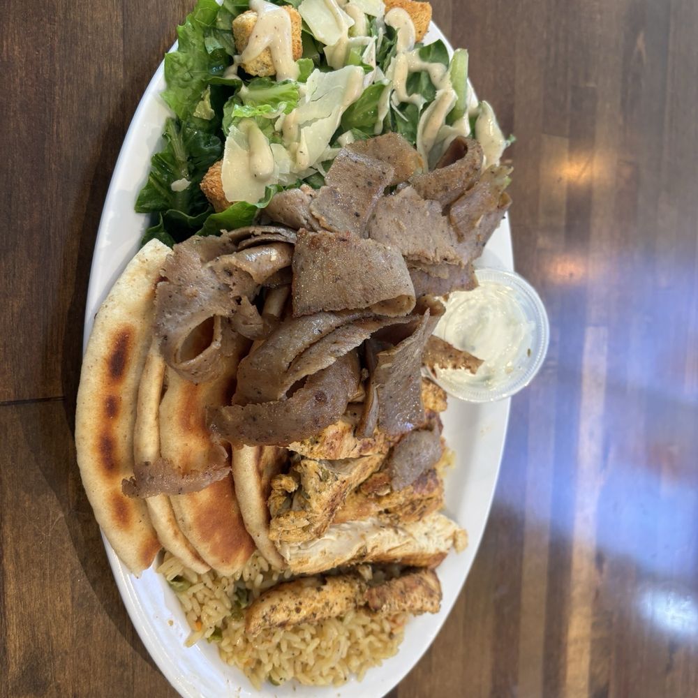 Gyromania Grill - The Chicken Platter with a side of Gyro, Pita Bread, Caesar Salad, and Tzatziki Sauce. - Greek Near Me - Hollywood, Florida