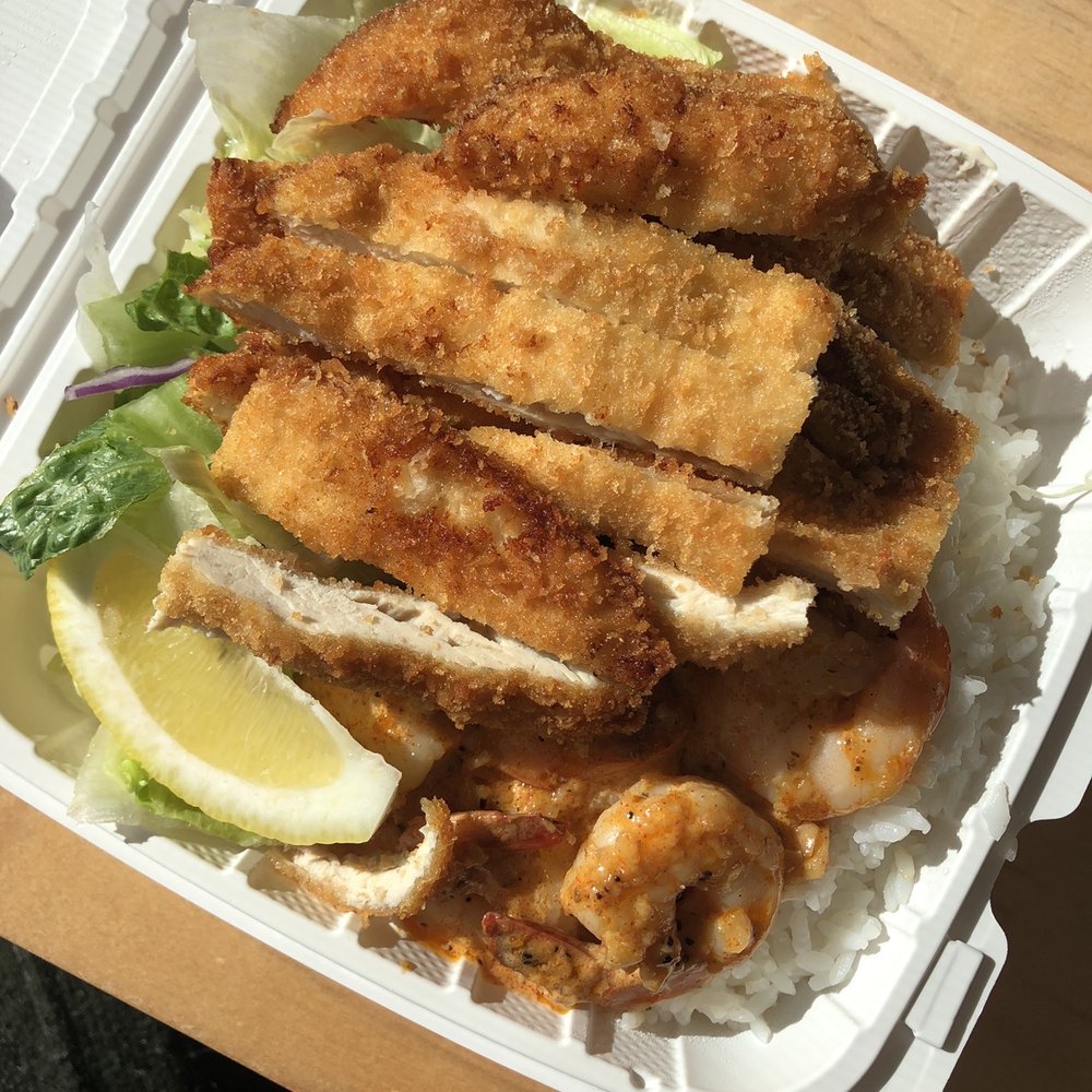 Aloha Plates - Chicken Katsu and Garlic Prawns - Hawaiian Near Me - Seattle, Washington Aloha Plates - Chicken Katsu and Garlic Prawns - Hawaiian Near Me - Seattle, Washington