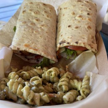 The Redwood Sky Walk - Buffalo chicken wrap with pasta salad (excellent) - Parks Near Me - Eureka, California
