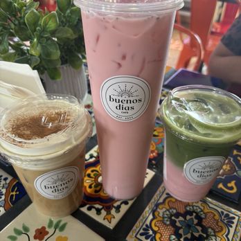 Buenos Dias Cafe - Horchata iced latte, fresas con crema agua,  and fresas con crema matcha - Coffee & Tea Near Me - Colton, California