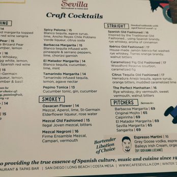Cafe Sevilla - Craft Cocktails Menu as of 05.25.2023 - Spanish Near Me - Costa Mesa, California
