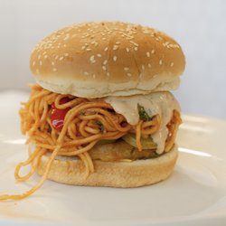Indian Market - Noodle Burger with secret house sauce created by Indian Market