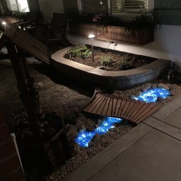 Our little bridge with the fire glass as the water.