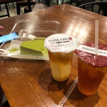 Gong Cha - Unsweet green tea, and #7 and the matcha crepe cake. - Bubble Tea Near Me - Katy, Texas