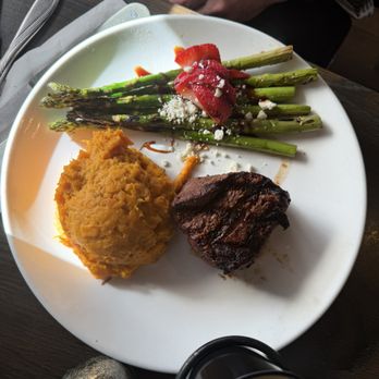 Northfork Fin & Filet - Filet, mashed sweet potatoes and grilled asparagus with strawberries, feta and balsamic vinegar. - Seafood Near Me - Arbor Vitae, Wisconsin Northfork Fin & Filet - Filet, mashed sweet potatoes and grilled asparagus with strawberries, feta and balsamic vinegar. - Seafood Near Me - Arbor Vitae, Wisconsin