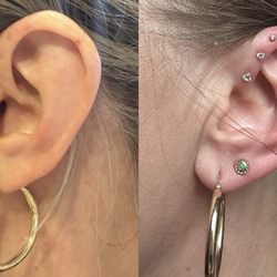 Sage Piercing - Left: Before Right: After  The "flat" chain & the green/gold lobe were also pierced at Sage.