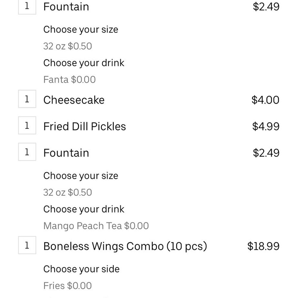 My whole order I did not receive any drinks aside from water My whole order I did not receive any drinks aside from water