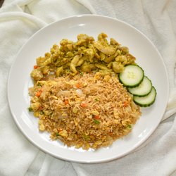 Fried rice, lemongrass chicken, side veggie