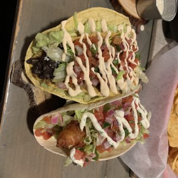 Beer Barrio - Smoky black bean taco with guacamole and the catfish Po boy tacos. - Mexican Near Me - Wilmington, North Carolina