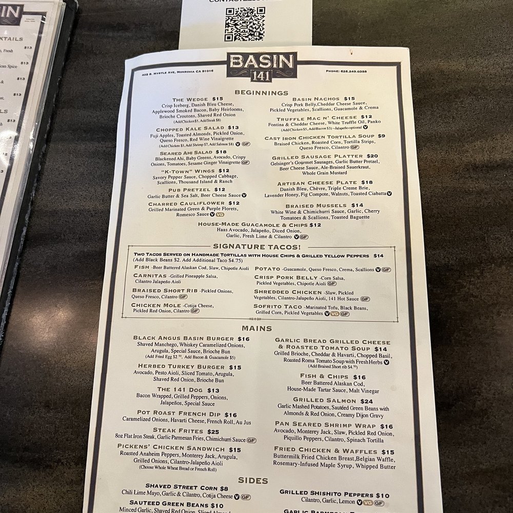 Basin 141 - Menu - Gastropubs Near Me - Monrovia, California