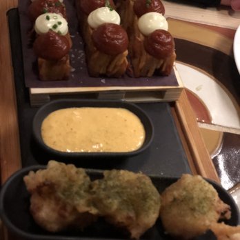 Madrina Bar y Tapas - Patatas bravas madrina like a millefeuille with the shrimp croquetas - Tapas Bars Near Me - Toronto, Ontario Madrina Bar y Tapas - Patatas bravas madrina like a millefeuille with the shrimp croquetas - Tapas Bars Near Me - Toronto, Ontario