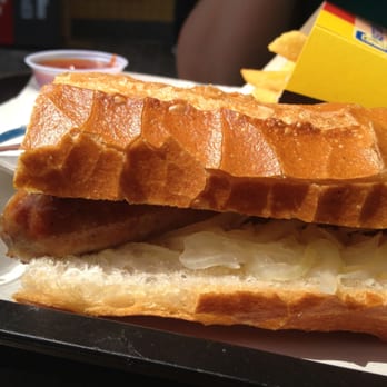 Belgian Frites - Sausage baguette w/ mayo and grilled onions - Friterie Near Me - Brussels, BRU Belgian Frites - Sausage baguette w/ mayo and grilled onions - Friterie Near Me - Brussels, BRU