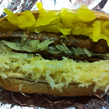 Hot Dog King - My $4 Vegan Dog. I put on the peppers and sauerkraut. - Hot Dogs Near Me Hot Dog King - My $4 Vegan Dog. I put on the peppers and sauerkraut. - Hot Dogs Near Me