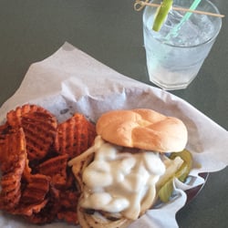 Black Creek Lodge Campground And Cabins - Great Chicken, Swiss, onions & mushroom sandwich w/side of sweet potato waffle fries.
