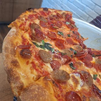 Finale Pizza - The Hornet- Pepperoni, Calabrian Peppers, Local Hot Honey, and basil; we added the sausage. - Pizza Near Me - Charlotte, North Carolina Finale Pizza - The Hornet- Pepperoni, Calabrian Peppers, Local Hot Honey, and basil; we added the sausage. - Pizza Near Me - Charlotte, North Carolina