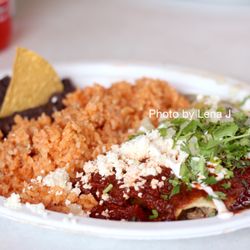 Serg's Mexican Kitchen - Enchiladas ($16.95) with mixed red and green sauce