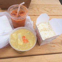 Thai iced tea, yellow curry with chicken and rice. Delicious!
