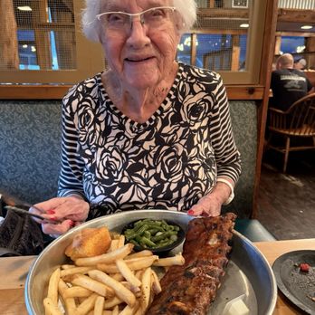Gold Rush BBQ - 102 year old grandma with her full slab of baby back ribs, the green beans she LOVES, and fries that were just ok. - Barbeque Near Me - Venice, Florida Gold Rush BBQ - 102 year old grandma with her full slab of baby back ribs, the green beans she LOVES, and fries that were just ok. - Barbeque Near Me - Venice, Florida