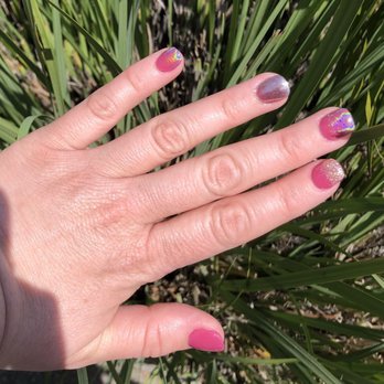 Edgy Nails & Spa - Chrome ring finger and holographic pinky/middle with glitter ombré index. - Nail Salons Near Me - Riverside, California