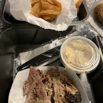 Bark & Barrel BBQ - Pulled pork plate with kettle chips and smoked Mac and cheese in a to-go container. - Barbeque Near Me - Huntsville, Alabama Bark & Barrel BBQ - Pulled pork plate with kettle chips and smoked Mac and cheese in a to-go container. - Barbeque Near Me - Huntsville, Alabama