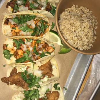 Bartaco Chastain Park - Chicken taco, fish taco, churizo taco, pastor taco, and side of rice in a bowl. - Mexican Near Me - Atlanta, Georgia