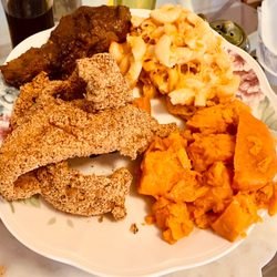 Chef Marilyn's - Fried Catfish Strip, yams and Mac and Cheese