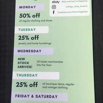 The Cottage Shop - Their daily specials. I came in on a Wednesday and got first dibs on stock, but these sales are nothing to sneeze at! - Thrift Stores Near Me - Houston, Texas The Cottage Shop - Their daily specials. I came in on a Wednesday and got first dibs on stock, but these sales are nothing to sneeze at! - Thrift Stores Near Me - Houston, Texas
