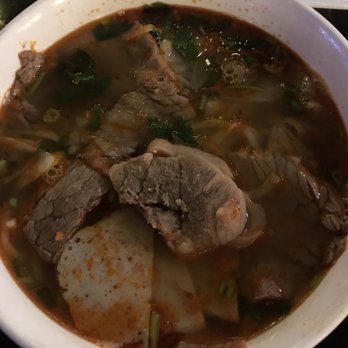 Pho Real - It was dark in there so not the greatest photo of their small Bun Bo Hue before any garnishing. - Vietnamese Near Me - Charlotte, North Carolina