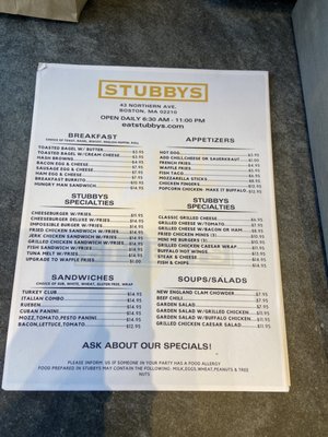 Menu photo 2 Stubbys Boston, MA