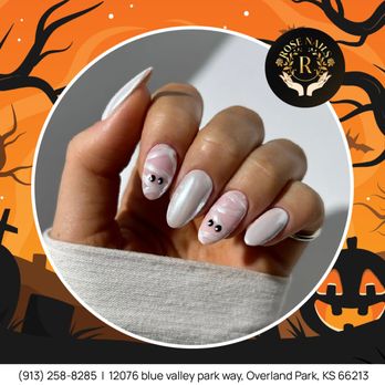 Rose Nails - Soft nude meets spooky fun! These ghostly designs bring Halloween to your fingertips.
 Click to claim your spot before they disappear! - Nail Salons Near Me - Overland Parl, Kansas