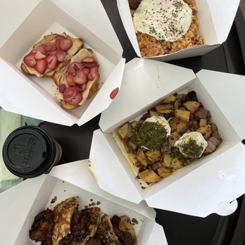 High/Low - Chicken & waffles, crack hash, fried rice, and strawberry almond croissant with Revolution flat whites - Breakfast & Brunch Near Me - Oceanside, California High/Low - Chicken & waffles, crack hash, fried rice, and strawberry almond croissant with Revolution flat whites - Breakfast & Brunch Near Me - Oceanside, California
