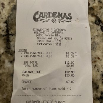 Cardenas Markets - My receipt I bought 2 specials - Meat Shops Near Me - Moreno Valley, California