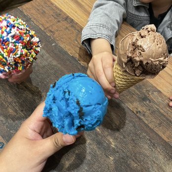 The Yard Milkshake Bar - Strawberry ice cream cone with sprinkles, blue monster ice cream cone and chocolate ice cream cone - Ice Cream & Frozen Yogurt Near Me - Madison, Alabama