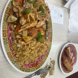 New House Chinese Food - Kung Pao Chicken with a Crab Rangoon and Egg Roll
