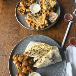 Egg burrito and chicken and waffles
