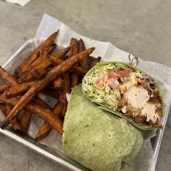 Klooz Brewz - Chicken, bacon, ranch wrap with sweet potato fries - Breweries Near Me - Lebanon, Indiana Klooz Brewz - Chicken, bacon, ranch wrap with sweet potato fries - Breweries Near Me - Lebanon, Indiana