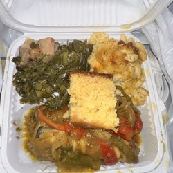 Baked Mac and Cheese, smothered Turkey Wings, Corn Bread, & Collard Greens