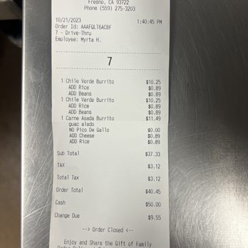 Robertito's Taco Shop - My copy of the receipt - Mexican Near Me - Fresno, California