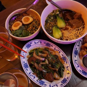 886 - Honey Glazed Popcorn Chicken (very right), Sacha Beef (middle), Lo Ba Beng (left), Beef Noodle Soup (top right) - Taiwanese Near Me - New York, New York 886 - Honey Glazed Popcorn Chicken (very right), Sacha Beef (middle), Lo Ba Beng (left), Beef Noodle Soup (top right) - Taiwanese Near Me - New York, New York