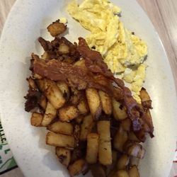 Greg’s Haystax Restaurant - Scrambled eggs, homemade fries and "bacon"   See my review about the bacon.