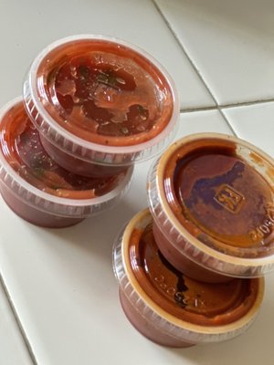 Photo of El Cerrito Mexican Restaurant - Menlo Park, CA, US. On the right is their Salsa and left is their super hot sauce, woohoo!