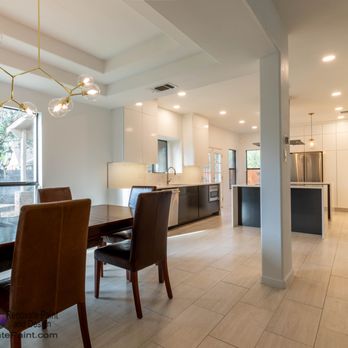 Renovate Paint and Design - Opened dining room and kitchen space. Remodeled kitchen. Brightened rooms with white-tone paint on walls. Ceramic floor tiles. - General Contractors Near Me Renovate Paint and Design - Opened dining room and kitchen space. Remodeled kitchen. Brightened rooms with white-tone paint on walls. Ceramic floor tiles. - General Contractors Near Me
