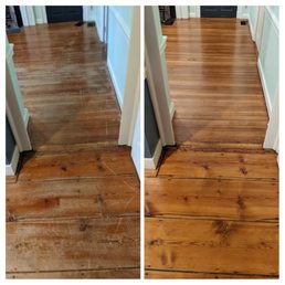 before and after: sanding, natural stain, and polyurethane on antique pine