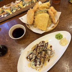 Vegetable and yam Tempura, California roll, spicy roll salad roll