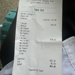 Receipt for two hamburgers that were ordered One  medium and one medium well unfortunately both hamburgers came out as well done