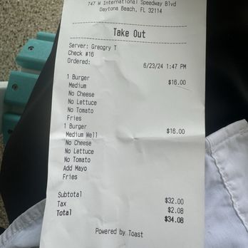Brickyard Lounge and Grill - Receipt for two hamburgers that were ordered One  medium and one medium well unfortunately both hamburgers came out as well done - Sports Bars Near Me - Daytona Beach, Florida