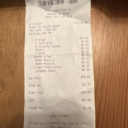 Island Wing Company Grill & Bar - Daphne - Receipt