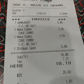 Victory Diner - I was charged an extra 350 for adding no salt. What a rip. - Burgers Near Me - Orange, California Victory Diner - I was charged an extra 350 for adding no salt. What a rip. - Burgers Near Me - Orange, California